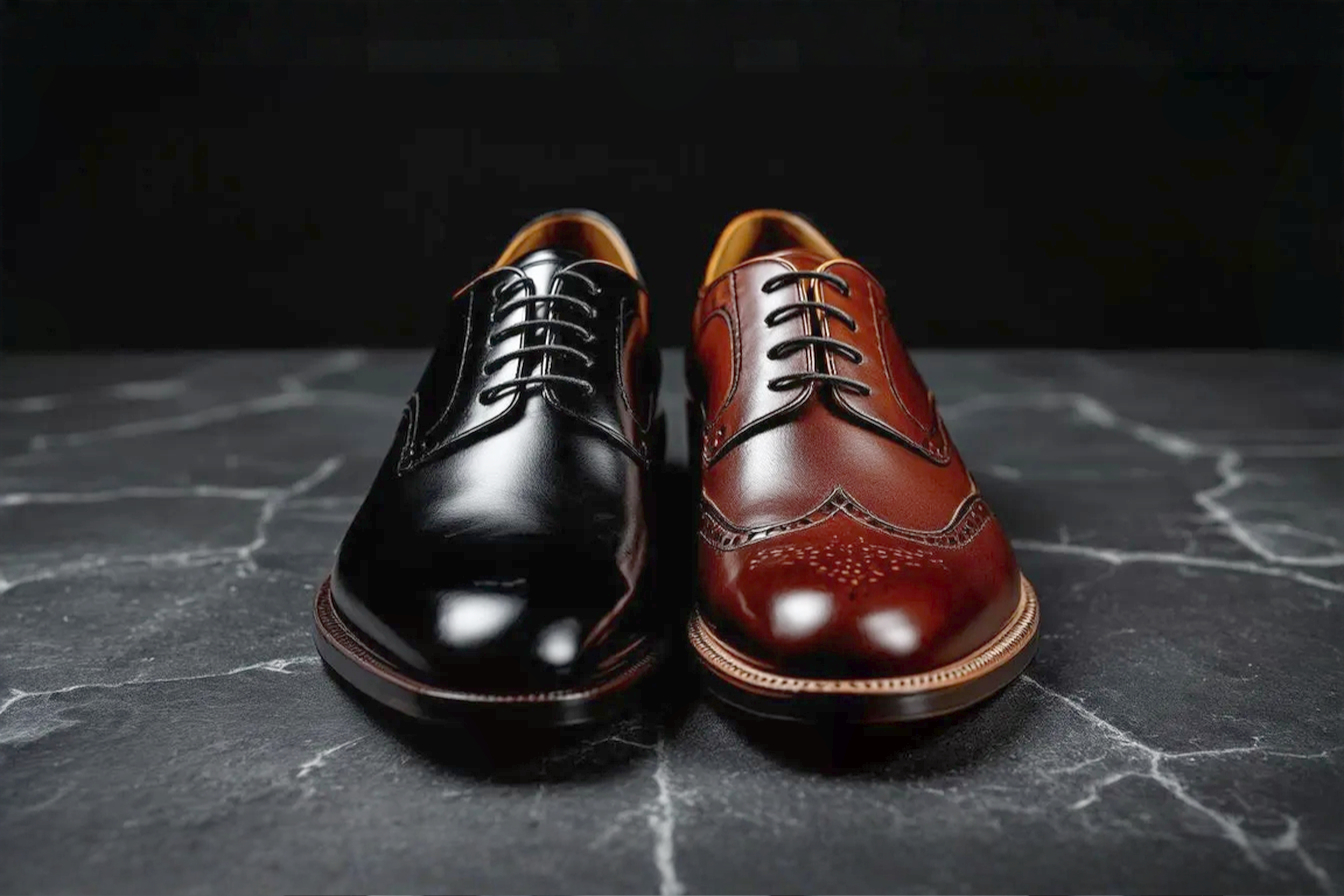 Oxfords vs. Brogues split screen product photography, magazine photo-shot style, studio lighting, charcoal background