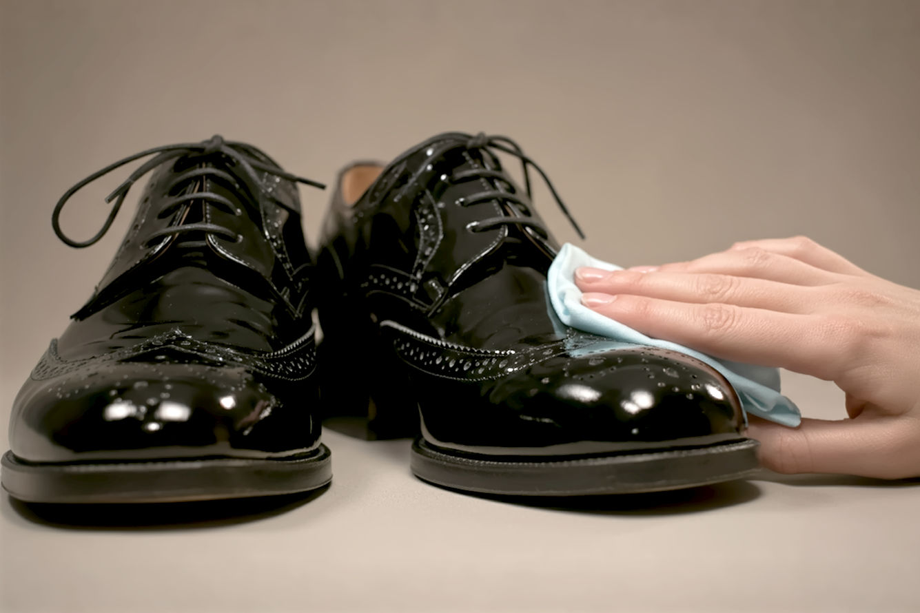 A close-up, lifelike professional photograph of a pair of women's highly polished, black patent leather brogues, perfectly clean and gleaming, placed on a light, neutral background. One shoe shows a very subtle, almost imperceptible sheen of protective conditioner being gently applied with a soft, microfiber cloth. The lighting is soft and highlights the glossy texture without harsh reflections. The focus is sharp on the shoes, creating a sense of pristine quality and meticulous care. The image should convey elegance, maintenance, and the delicate nature of the material, with a shallow depth of field.