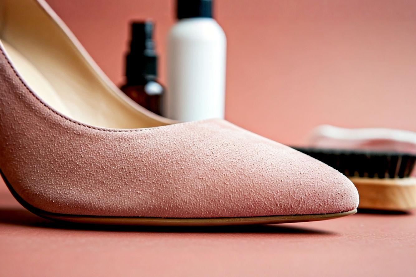 Close-up, professional photography style shot of a pristine nude suede high-heeled shoe, with soft, luxurious texture visible. In the background, subtly blurred, are essential suede care tools: a suede brush, a small bottle of protector spray, and a cleaning cloth, suggesting maintenance. The lighting is soft and inviting, highlighting the shoe's elegance and the material's delicate beauty. The overall feel should be sophisticated and informative, capturing the essence of footwear care. Lifelike realism with a shallow depth of field.