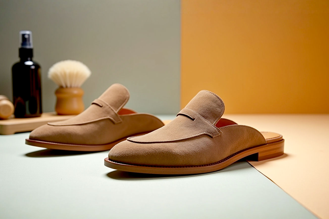 A close-up, professional studio photograph of a pair of stylish men's suede mules on a clean, light-colored surface. One mule should be partially treated with a protective spray, showing a subtle water-beading effect on its surface, while the other shows a well-maintained, pristine suede texture. The lighting should be soft and even, highlighting the luxurious nap of the suede. Include a very subtle, out-of-focus background element like a suede brush or protector spray bottle to suggest the theme of care. Lifelike, pro photography style with sharp focus on the mules.