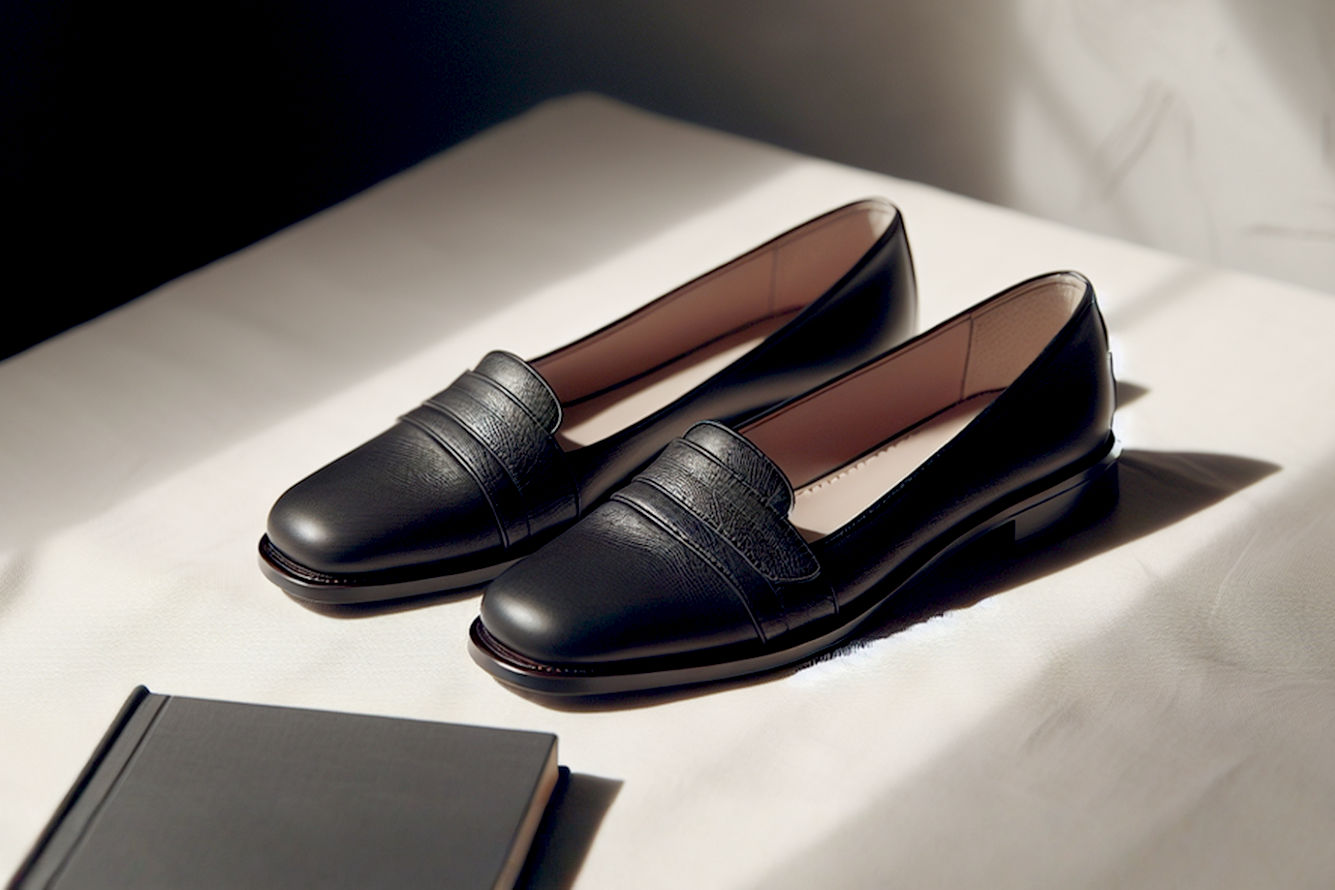 Professional, lifelike photography of a pair of classic, elegant ladies black flat formal shoes. The shoes should appear subtly worn but well-maintained, suggesting quality and durability over time. The background should be clean and minimalist, perhaps a soft-focus office or formal setting, emphasizing the shoe's versatility. Lighting should be soft and natural, highlighting the texture of the material (e.g., supple leather). The image should evoke sophistication, comfort, and smart value, with no visible price tags or overt branding. Focus on the details of the shoe, like stitching and sole, in a tasteful manner.
