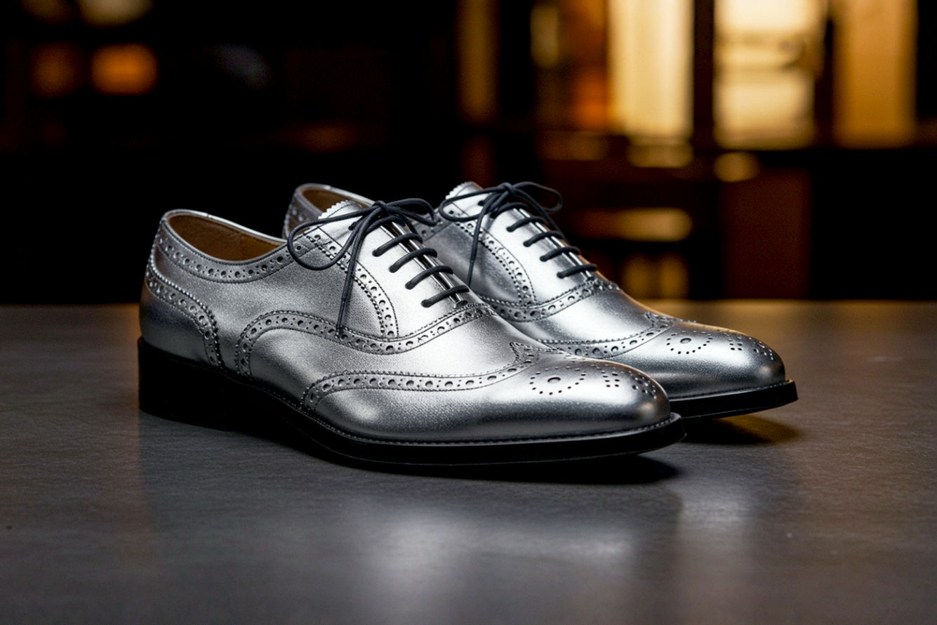 A stylish, lifelike professional photograph featuring a pair of gleaming silver brogue shoes prominently. The shoes should be placed in a dynamic setting that subtly hints at one of the five occasions mentioned (e.g., a blurred background of a chic cafe, a hint of evening lights, or a creative office space). Focus on the intricate broguing and the metallic sheen of the silver leather. The lighting should be soft but dramatic, highlighting the texture and reflectivity of the shoes. Composition should be sophisticated and modern, with rich colors and a sharp focus on the shoes, creating an engaging and impactful visual.