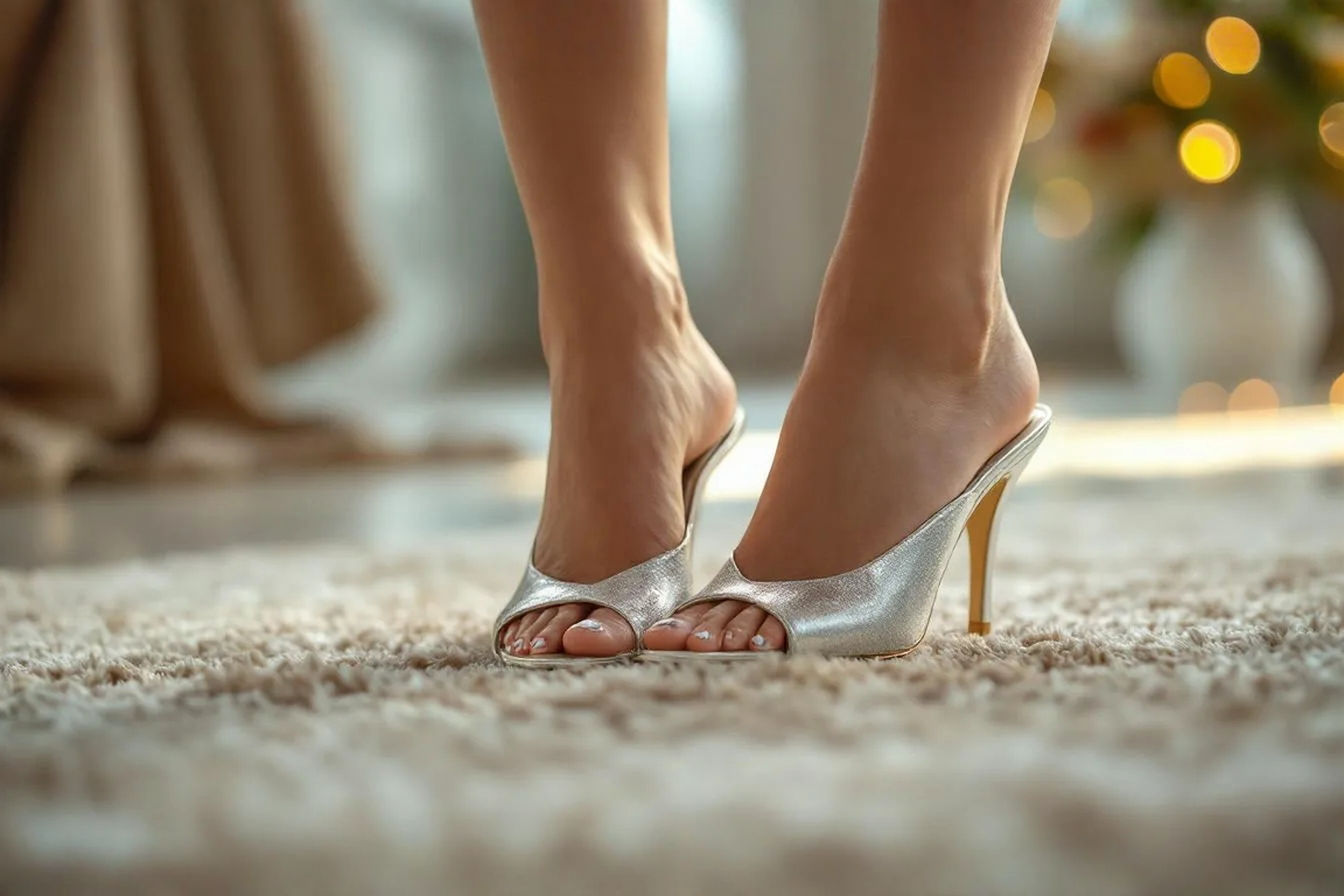 Pro photography style, close-up shot of a woman's feet trying on a stunning pair of silver open toe mule heels on a luxurious, neutral-toned carpet inside a stylish, softly lit home. The focus is on the intricate details of the shoe's fit around the foot's arch and vamp, with slight attention to the heel type. The background is softly blurred, hinting at an elegant dressing area. The lighting is warm and inviting, highlighting the metallic sheen of the silver. The image should evoke comfort, style, and informed decision-making. Lifelike, high-resolution.
