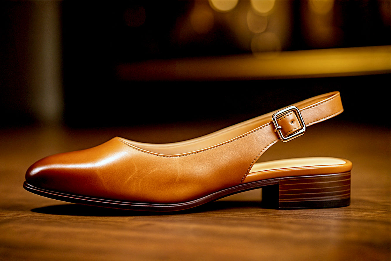 A highly detailed, lifelike professional photograph of a stylish woman's foot in a classic, elegant slingback leather shoe (tan or deep brown full-grain leather). The shoe is impeccably crafted with visible, subtle stitching detail around the sole, suggesting Goodyear welting. The lighting is soft and luxurious, highlighting the rich texture of the leather and a developing, natural patina. The background is a slightly blurred, sophisticated boutique or well-maintained wooden floor, emphasizing quality and timelessness. The focus is sharp on the shoe's leather and construction details, conveying durability and elegance. Golden hour lighting, shallow depth of field, high-resolution, editorial style.