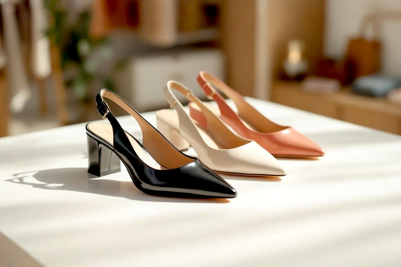 High-quality, lifelike professional photography of a diverse set of slingback shoes arranged elegantly on a clean, light-colored surface. Include various styles: a classic black pointed-toe slingback pump, a casual slingback flat in a neutral tone, and a vibrant block-heel slingback. The lighting should be soft and inviting, highlighting textures and details. The background should be subtly blurred to keep focus on the shoes, perhaps with a hint of a modern wardrobe or dressing room in the background. Focus on rich textures like leather, suede, and patent, with subtle reflections on the shiny surfaces. Natural, warm light, clear focus, high resolution, professional studio shot.