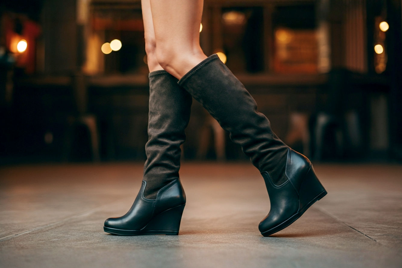 A close-up, lifelike professional photograph showcasing a stylish person walking confidently in knee-high wedge boots that fit perfectly without any bunching or slouching. The boots are made of a sleek leather or suede. The person's leg is visible, highlighting the smooth line of the boot shaft. The background is slightly blurred, suggesting an urban street or a stylish indoor setting, with warm, inviting lighting. Focus on the texture and form of the boot, emphasizing its elegant, unbunched appearance. The overall feel should be sophisticated, practical, and empowering.