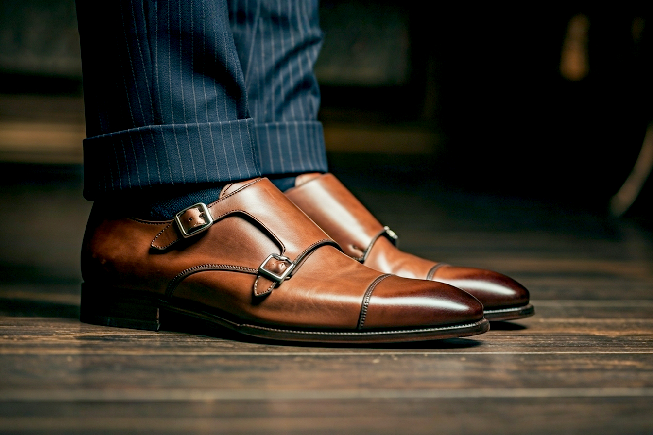 Professional, hyper-realistic photo of a pair of men's high-end dark brown full-grain leather double monk strap shoes. The shot is a low-angle close-up, focusing on the polished silver buckles and the rich, subtle patina of the leather. One shoe is slightly angled in front of the other on a vintage dark hardwood floor. The lighting is soft and warm, like the golden hour, creating deep but gentle shadows that accentuate the shoe's shape and texture. In the blurred background, the cuff of a navy pinstripe tailored wool trouser is barely visible, hinting at a sophisticated outfit. The image should feel luxurious, classic, and stylish.