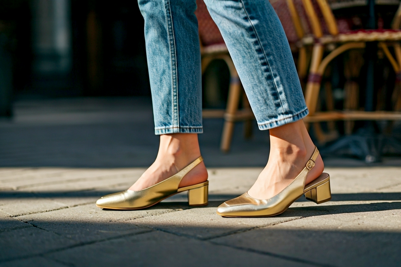 Lifelike professional fashion photography of a woman from the knees down, captured mid-stride on a sun-dappled city sidewalk. The focus is on her elegant, low block-heeled gold slingback shoes, which have a soft, brushed-matte finish. She is wearing perfectly tailored, light-wash straight-leg denim jeans that are slightly cropped to showcase her ankles and the shoes. The lighting is bright, natural morning light, creating a soft, airy mood.