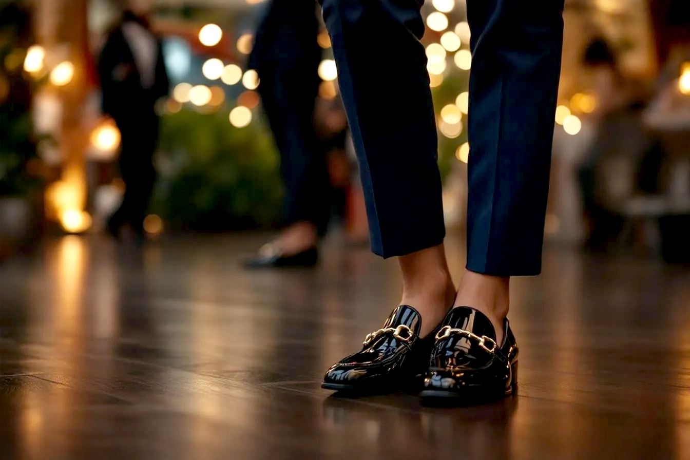 A lifelike, professional fashion photograph of a stylish woman from the waist down, standing on a polished dark wood floor. She is wearing sharply tailored, navy blue ankle-length trousers and a pair of elegant black patent leather horsebit loafers. The lighting is soft and sophisticated, highlighting the glossy finish of the shoes and the crisp tailoring of the trousers. The background is slightly blurred, suggesting a chic, upscale event setting like an art gallery or cocktail party. The overall mood is modern, confident, and effortlessly elegant.