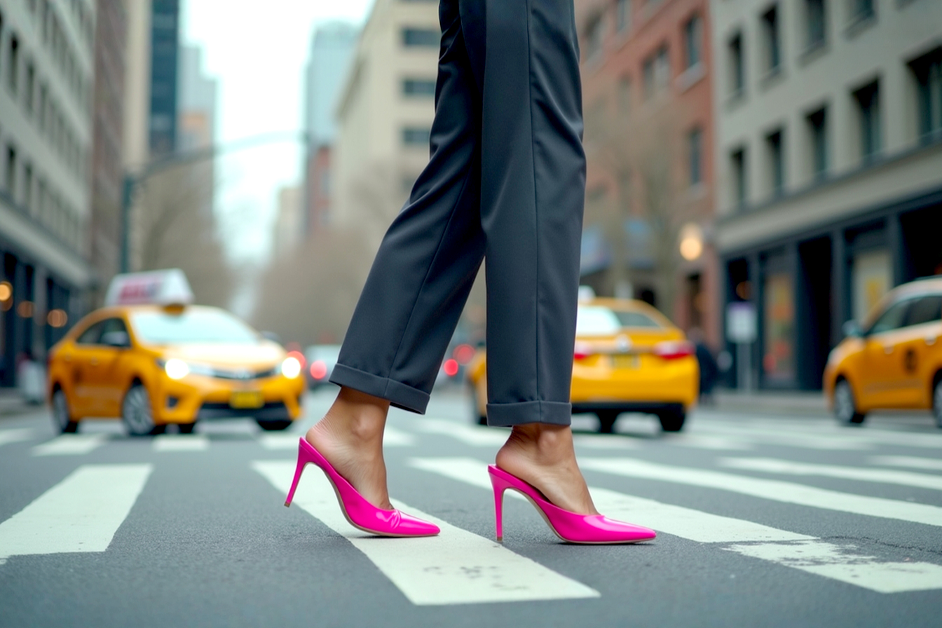 Pro-level fashion photography, street style shot. A woman is walking purposefully across a modern city crosswalk, slight motion blur in the background of yellow cabs and concrete buildings. She is wearing impeccably tailored, dark charcoal grey wide-leg trousers that just skim the ground. The sharp cuff of the trousers lifts slightly with her stride, revealing a pair of vibrant, hot pink stiletto-heeled mules. The shot is from a low angle, focusing on the feet and the contrast between the structured grey fabric and the electric pink shoe. The lighting is crisp and natural, like a bright, overcast day. The overall mood is confident, chic, and powerful. Ultra-realistic, 8k, sharp focus on the shoes.