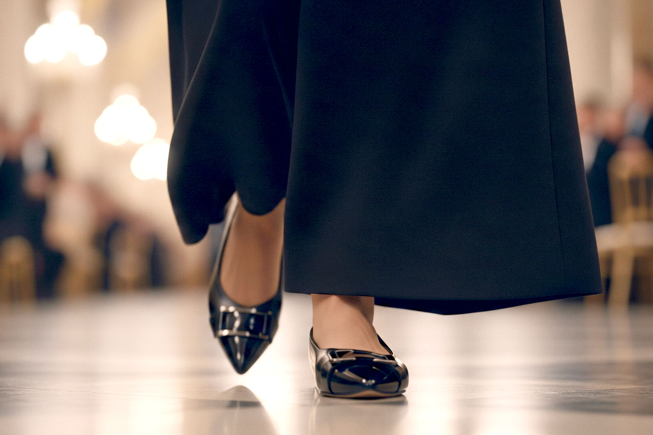 Lifelike pro photography style image of a sophisticated woman, seen from the mid-calf down, gracefully walking forward. She is wearing impeccably styled black pointed-toe ballet flats made of patent leather with a subtle metallic buckle. Her outfit consists of a flowing, dark-colored floor-length gown (or tailored wide-leg trousers), which subtly skims the top of her shoes. The background is softly blurred but hints at an elegant formal event setting, like a ballroom or a grand entrance, with warm, soft lighting. Focus on the shoes and the lower part of the outfit, showcasing the elegance and comfort of the flats in a formal context. High resolution, sharp focus on the footwear, cinematic lighting.