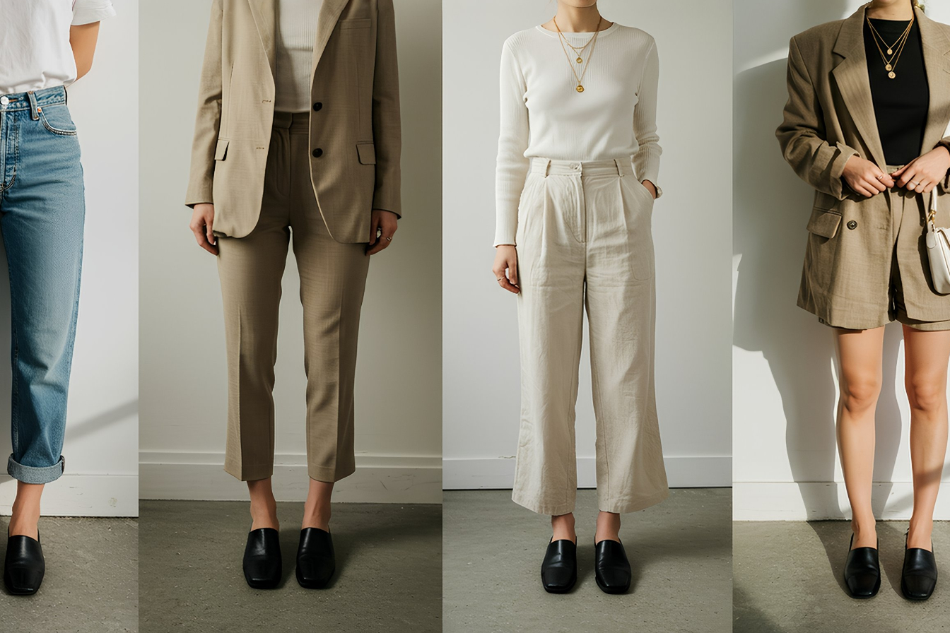 various outfits paired with black leather mules to show the versatility of the footwear when matched with different outfits.
