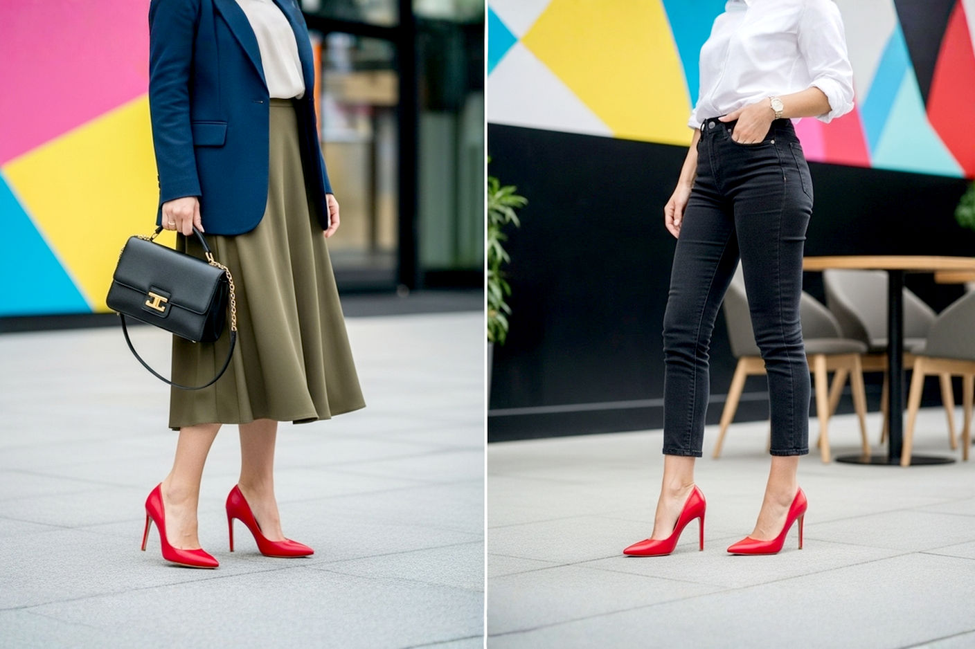 A stylish, high-resolution, lifelike professional fashion photograph capturing the versatility of red stiletto shoes. The image should feature a woman in her late 20s to early 30s, exuding confidence and elegance, wearing vibrant, classic red patent leather or suede stilettos. The focus should be on how the red shoes elevate a non-black outfit, such as a tailored navy blue suit, a chic olive green midi skirt with a cream blouse, or stylish dark-wash denim with a crisp white shirt.
