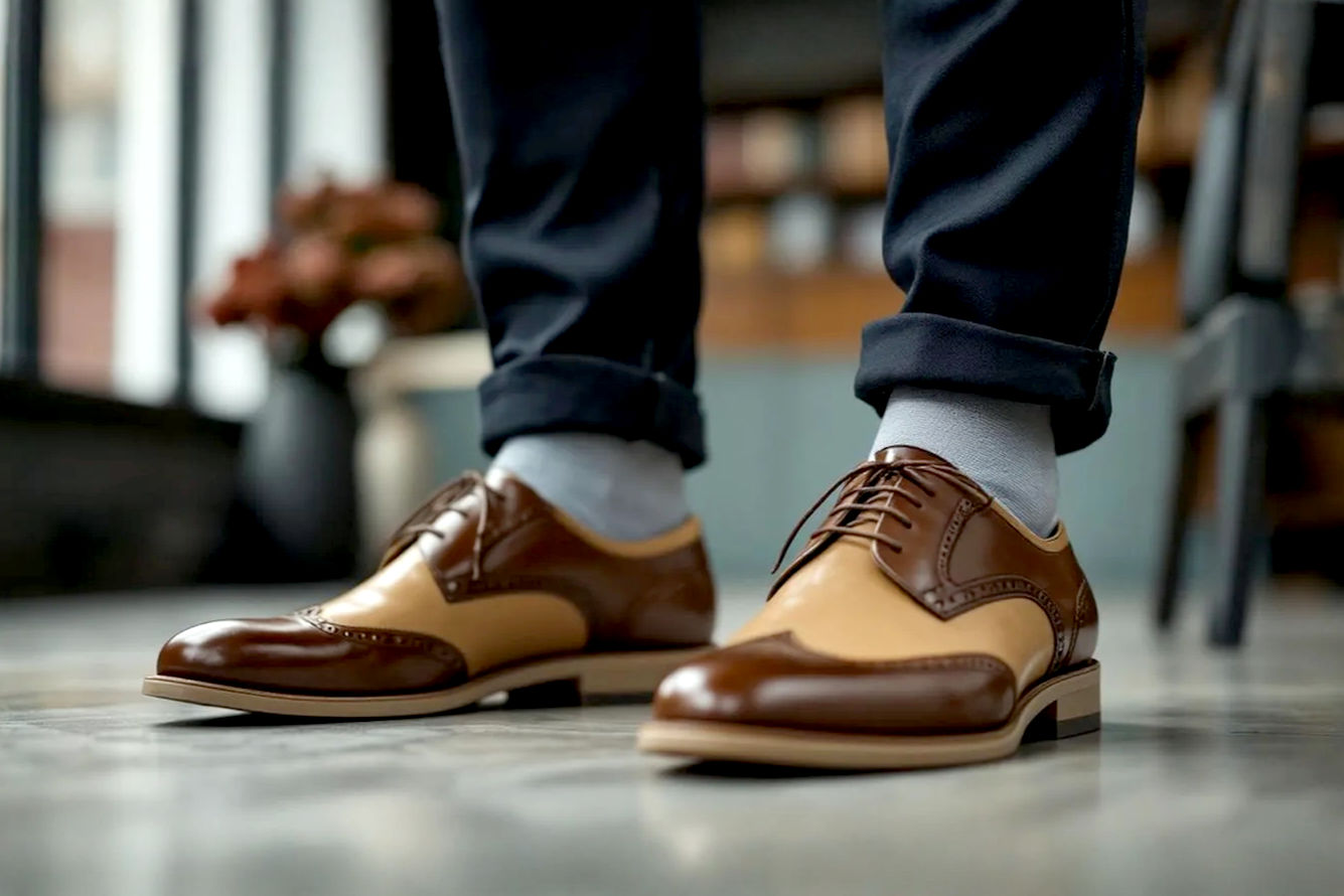 Lifelike professional photograph of a stylish modern man in his late 20s to early 30s, standing confidently in a tastefully dressed setting. He is wearing perfectly polished brown and cream two-tone brogues (spectator shoes) that are clearly visible and a focal point. He's dressed in a smart casual ensemble, perhaps dark navy chinos or tailored grey trousers, paired with a well-fitting light blue button-down shirt and a sophisticated, textured sport coat or blazer. The background is subtly blurred, hinting at an elegant urban environment or a classic interior like a library or a well-appointed cafe, emphasizing his sophisticated yet approachable style. The lighting is soft and flattering, highlighting the texture of the shoes and clothing. The image should convey confidence, timeless style, and an appreciation for quality menswear.
