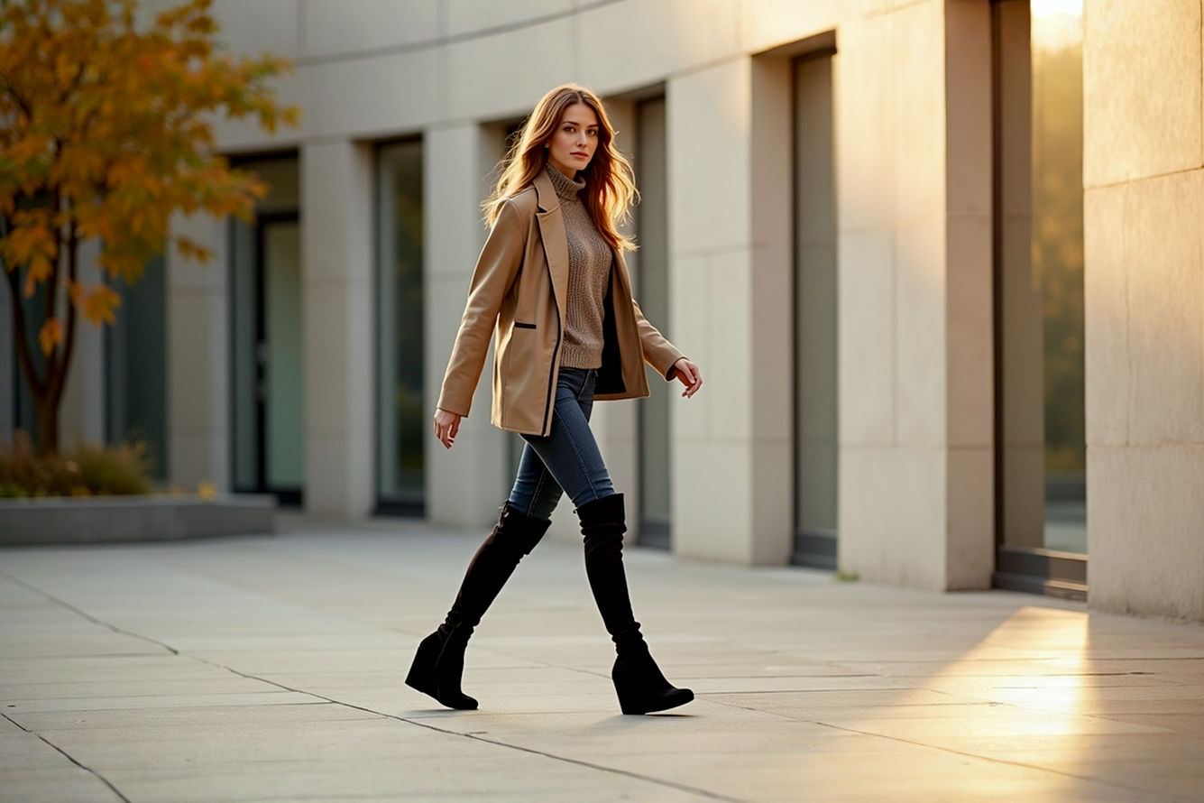 Lifelike, professional fashion photography of a stylish woman in her late 20s or early 30s, with a warm, natural light. She is wearing a chic, well-styled outfit featuring dark brown or black wedge knee-high boots. The image captures her in a dynamic pose, perhaps mid-stride on an autumnal city street or against a clean, modern architectural background, subtly showcasing the boots and the outfit's harmonious proportions. The focus is on the boots and the lower half of her body, demonstrating excellent fit and balanced fabric textures. Her expression is confident and effortless. The photo should have a slightly warm, inviting color palette with a shallow depth of field to keep the focus on the fashion.