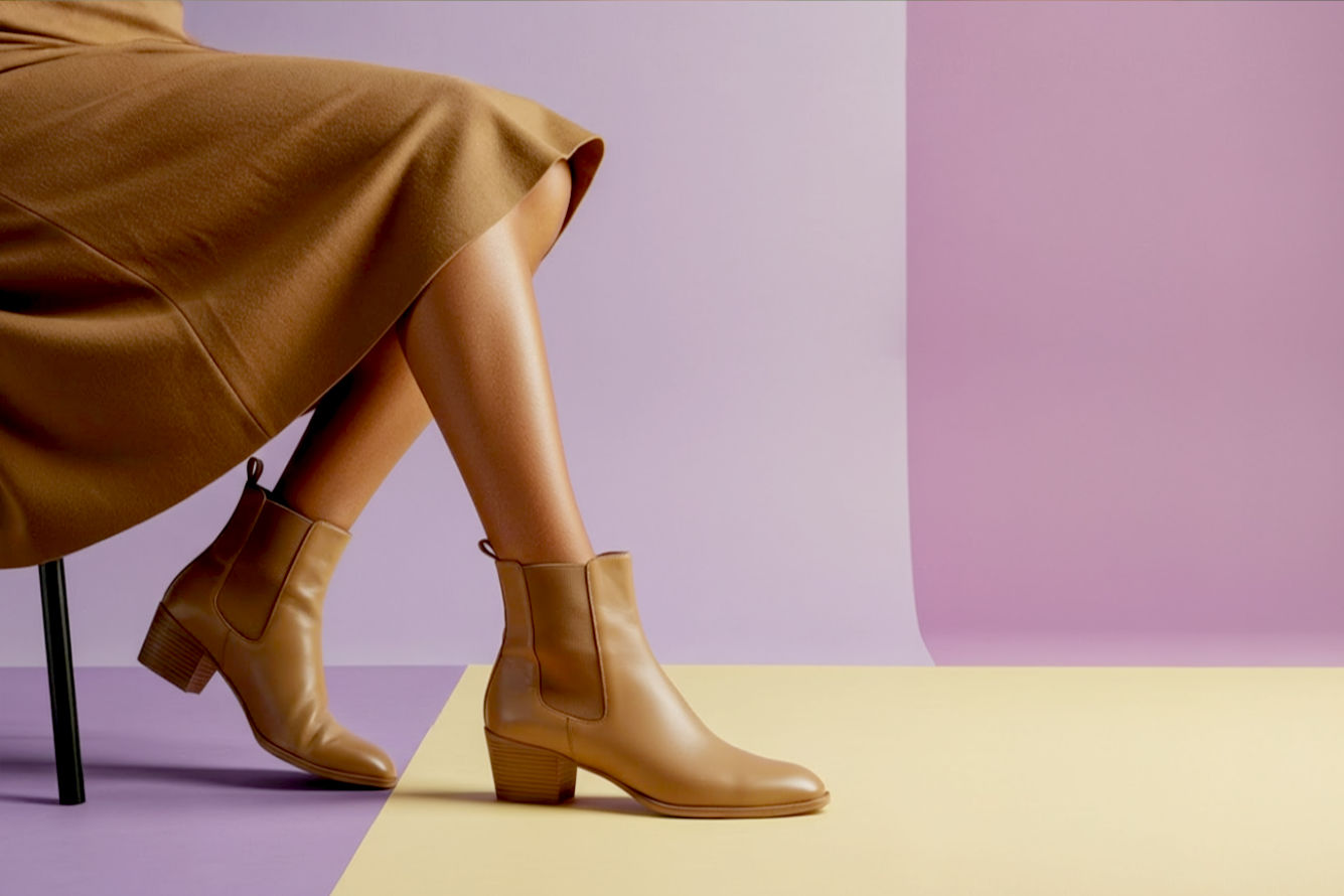 Pro photography style, high-resolution, lifelike image of a diverse woman with a stylish, confident pose, wearing sleek tan ankle boots. Her outfit (e.g., high-waisted, slim-fit trousers or opaque tights with a midi skirt) should be tonal with the boots, emphasizing a seamless, elongated leg line. The focus should be on her lower half, showcasing the boots and leg length. Soft, natural lighting. Clean, minimalist background to highlight the subject. Vibrant colors, sharp focus. No visible brands.