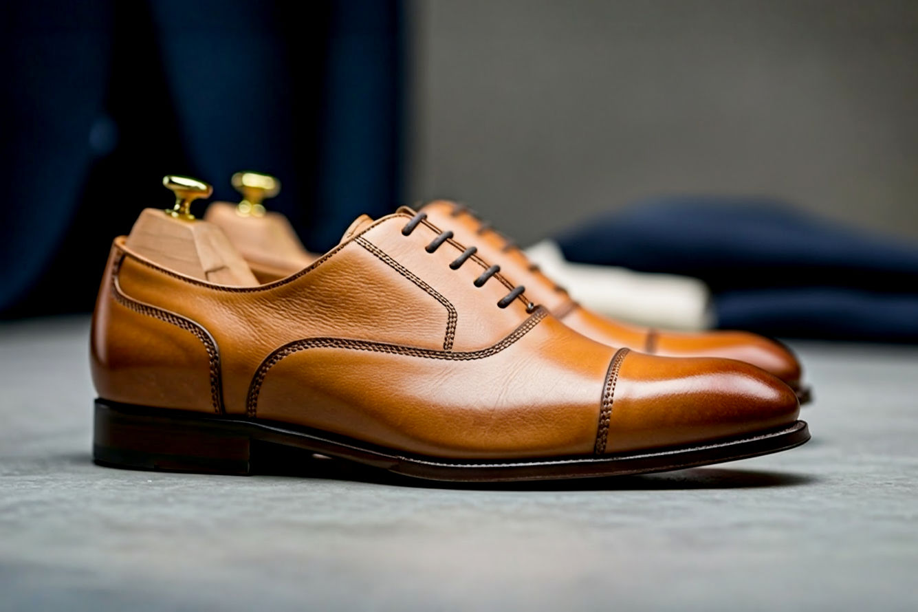A high-quality, professional studio photograph of a pair of classic tan leather cap-toe Oxford shoes. The shoes are impeccably clean and polished, showcasing the fine grain of the leather. They are artfully placed on a subtly textured, neutral background (like a light grey or beige concrete surface or a dark wooden floor) with soft, diffused lighting that highlights their elegant silhouette and the warm tan color. A hint of sophisticated, blurred background elements could include a tailored suit jacket or a crisp white shirt, subtly suggesting effortless style and versatility. The overall image should convey timeless elegance, quality, and adaptability, suitable for a fashion or style article, with a shallow depth of field to keep the focus sharply on the shoes. Lifelike pro photography style.