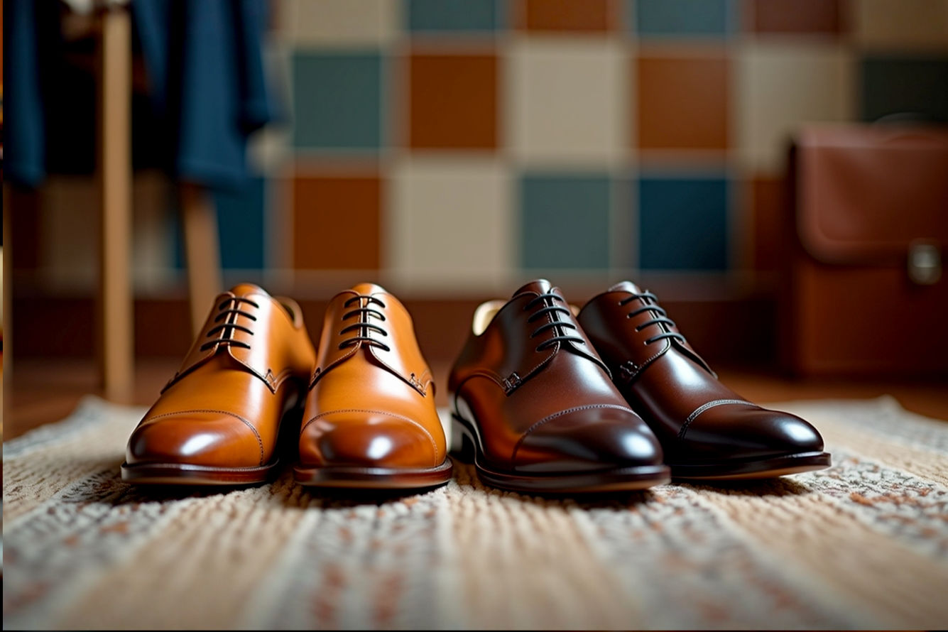 Pro photography style, highly realistic image of two pairs of men's Oxford dress shoes placed side-by-side on a subtly textured wooden floor or sophisticated rug. One pair is a vibrant, rich tan Oxford, showing its distinctive lighter hue. The other is a deep, polished dark brown Oxford, showcasing its traditional elegance. The lighting should be soft and professional, highlighting the texture and sheen of the leather on both shoes, with a shallow depth of field. The background should be blurred, suggesting a refined dressing room or study, perhaps with a glimpse of a tailored suit jacket or a leather briefcase in the very soft background. The focus should be sharply on the shoes, emphasizing their color difference and quality. Include subtle details like the lacing and toe caps.