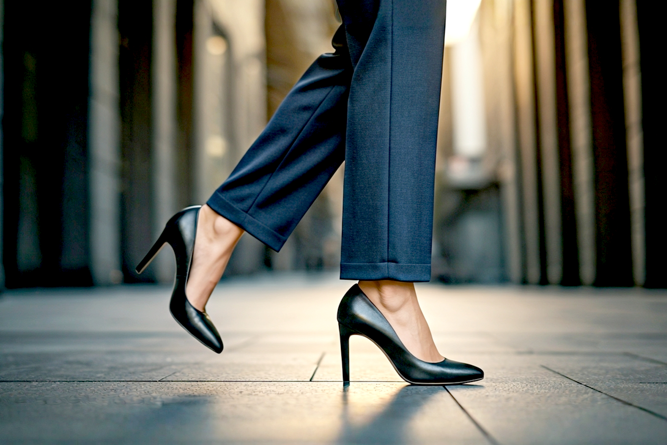Professional, hyper-realistic photograph of a confident woman from the knees down, walking purposefully on a polished city sidewalk. She is wearing impeccably tailored, classic navy blue trousers and elegant, black leather 3-inch stiletto heels. The focus is sharp on the stiletto, capturing the sleek lines of the shoe and the perfect placement of the heel. The lighting is bright but soft, suggesting early morning, with a slightly blurred background of urban architecture. The overall mood is one of sophisticated, understated power and modern professionalism.