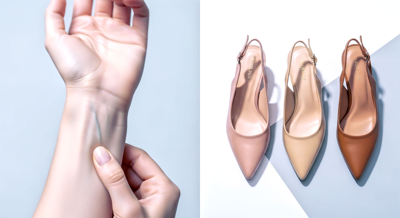 A clean, split-screen composition. On the left side, a close-up, high-fashion shot of a woman's inner wrist, with her fingers gently pulling the skin taut to make the veins visible—clearly showing either a blue or green tint. On the right side, a beautiful flat-lay of three stylistically identical slingback heel shoes in a row, each a different shade: one is a cool, rosy-pinkish beige; one is a warm, golden beige; one is a rich, tan brown. The overall feeling is that of a "test" or a "choice." Character/Subject: Focus on the wrist on the left, and only the shoes on the right. No face needed. The wrist should have a fair or medium complexion to make the vein color pop. Emotion/Mood: Informative, clean, chic, and helpful. Palette: Bright, airy, and sophisticated. Soft whites and grays in the background. The key colors are the skin tone of the wrist, the vein color, and the three distinct shoe colors. Visual Style: High-end magazine or beauty blog photography. Photo-realistic, crisp focus, with bright, natural-looking light.