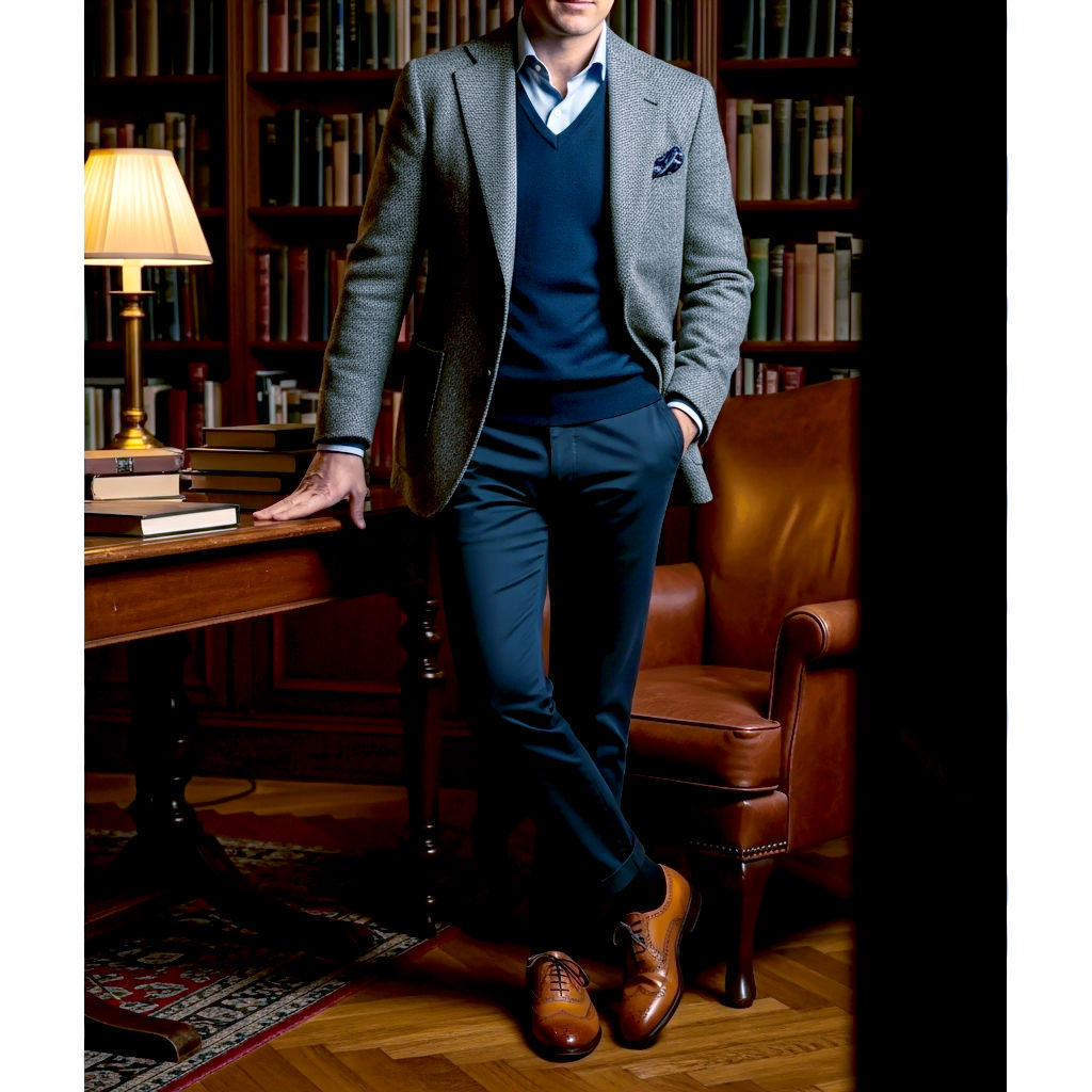 A sophisticated, medium shot of a man in a cozy, book-lined study or library. The focus is on his outfit's texture and layers. He is wearing a grey herringbone tweed sport coat over a fine-knit navy merino wool V-neck sweater and a light blue collared shirt. His trousers are dark navy chinos. The shot is cut off mid-thigh, but his polished tan wingtip Oxfords are clearly visible as he stands with one foot slightly forward. The warm, ambient lighting highlights the rich textures of the wool, tweed, and the smooth leather of the shoes. Hyper-realistic, editorial style, conveying warmth and intelligence.