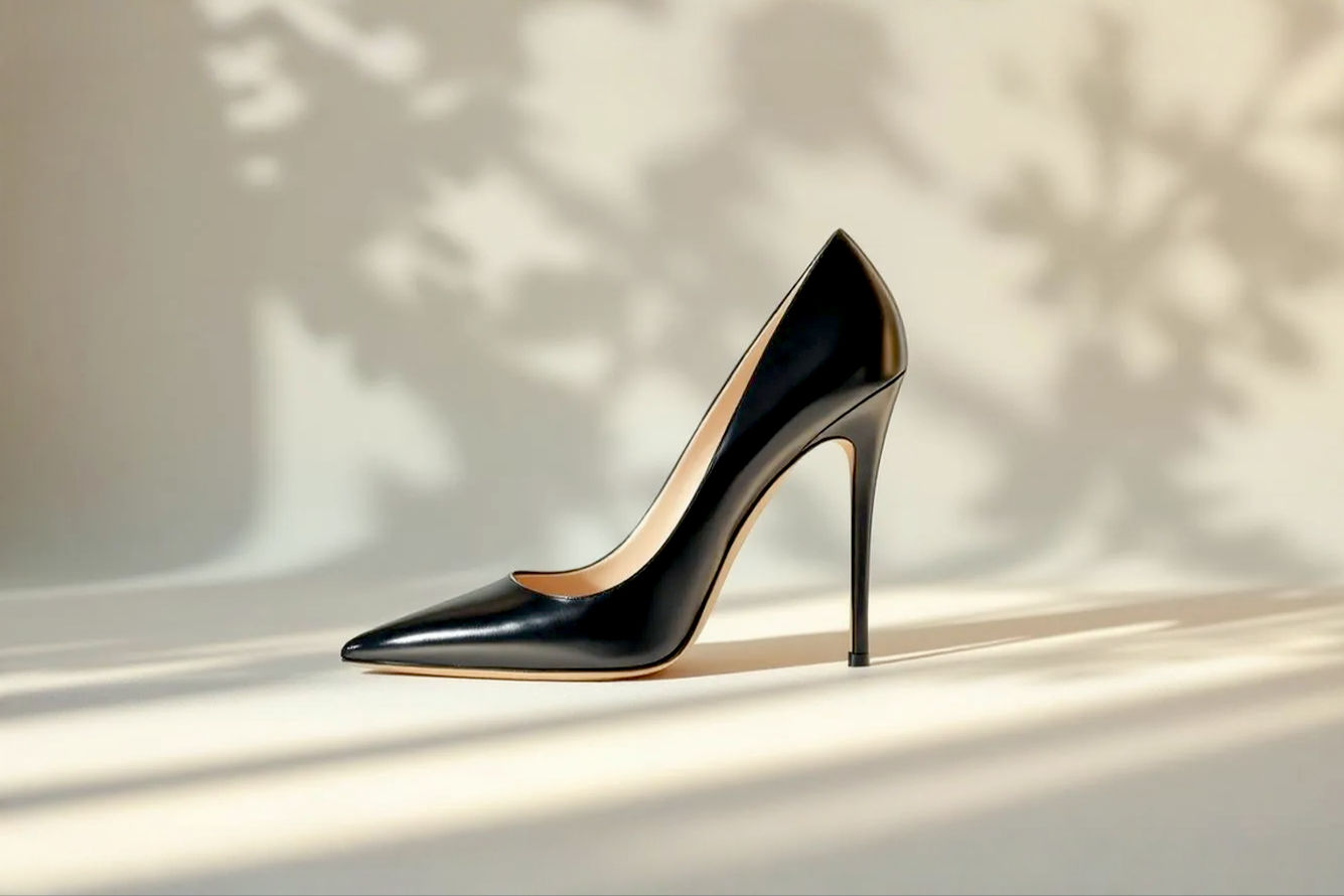 Lifelike pro photography style image of a classic, elegant black stiletto court heel, perfectly placed on a minimalist, soft-textured background. The lighting should highlight the sleek lines, the subtle sheen of the leather, and the sharpness of the heel, conveying a sense of quality and timeless sophistication. Focus on the shoe's structure and material details, with a shallow depth of field. Soft, warm light.