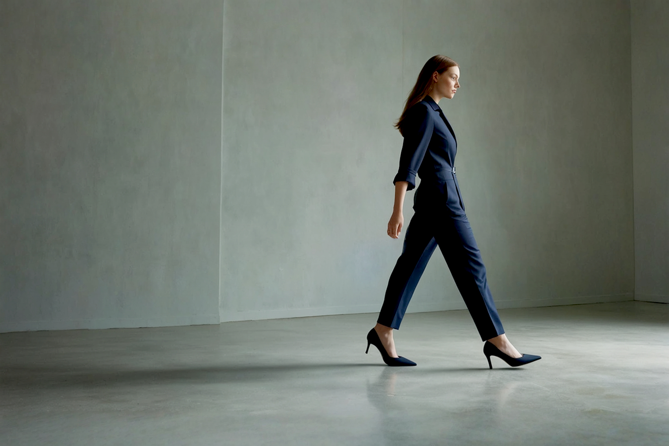 A lifelike, professional photograph capturing a stylish woman in a modern, bright office setting. She is seen from the knees down, walking confidently on a polished concrete or light wood floor. She is wearing impeccably tailored navy blue ankle-length trousers and a pair of elegant, leather block heel pumps (approximately 1.5-inch heel). The focus is sharp on the shoes, highlighting their quality leather texture and comfortable, stable design. The lighting is soft and natural, coming from a large window, creating a sense of sophisticated, effortless professionalism. The overall mood is confident, calm, and empowered.