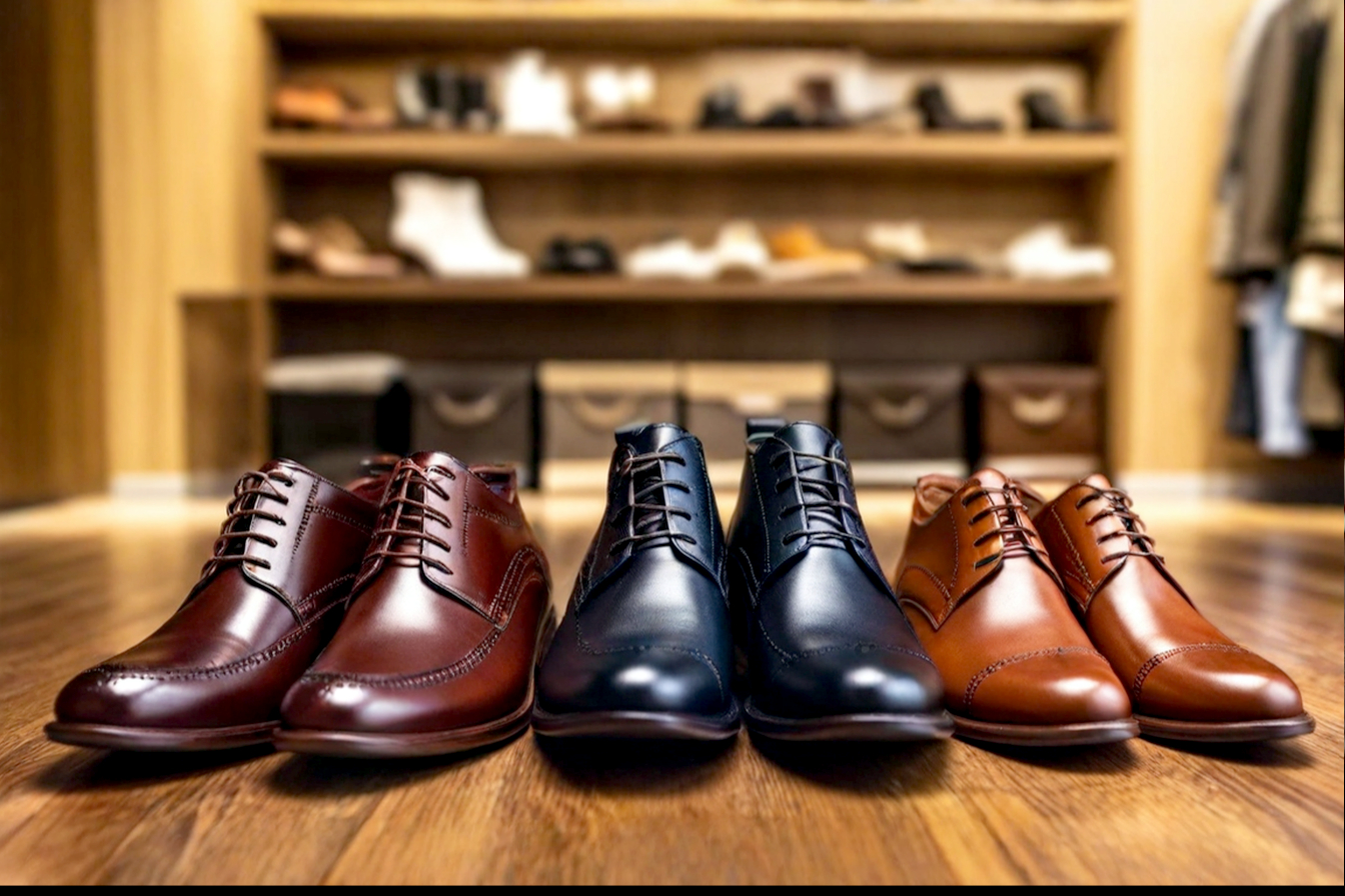 A professional, magazine-style shot of five different styles of men's smart casual boots (Chelsea, Chukka, Derby, Brogue, and a sleek Combat boot) arranged artfully on a dark-stained wooden surface. The background is a blurred-out, sophisticated men's closet with warm, ambient lighting. The focus is sharp on the texture of the leather and suede of the boots, highlighting their craftsmanship. The overall mood is luxurious, masculine, and aspirational.