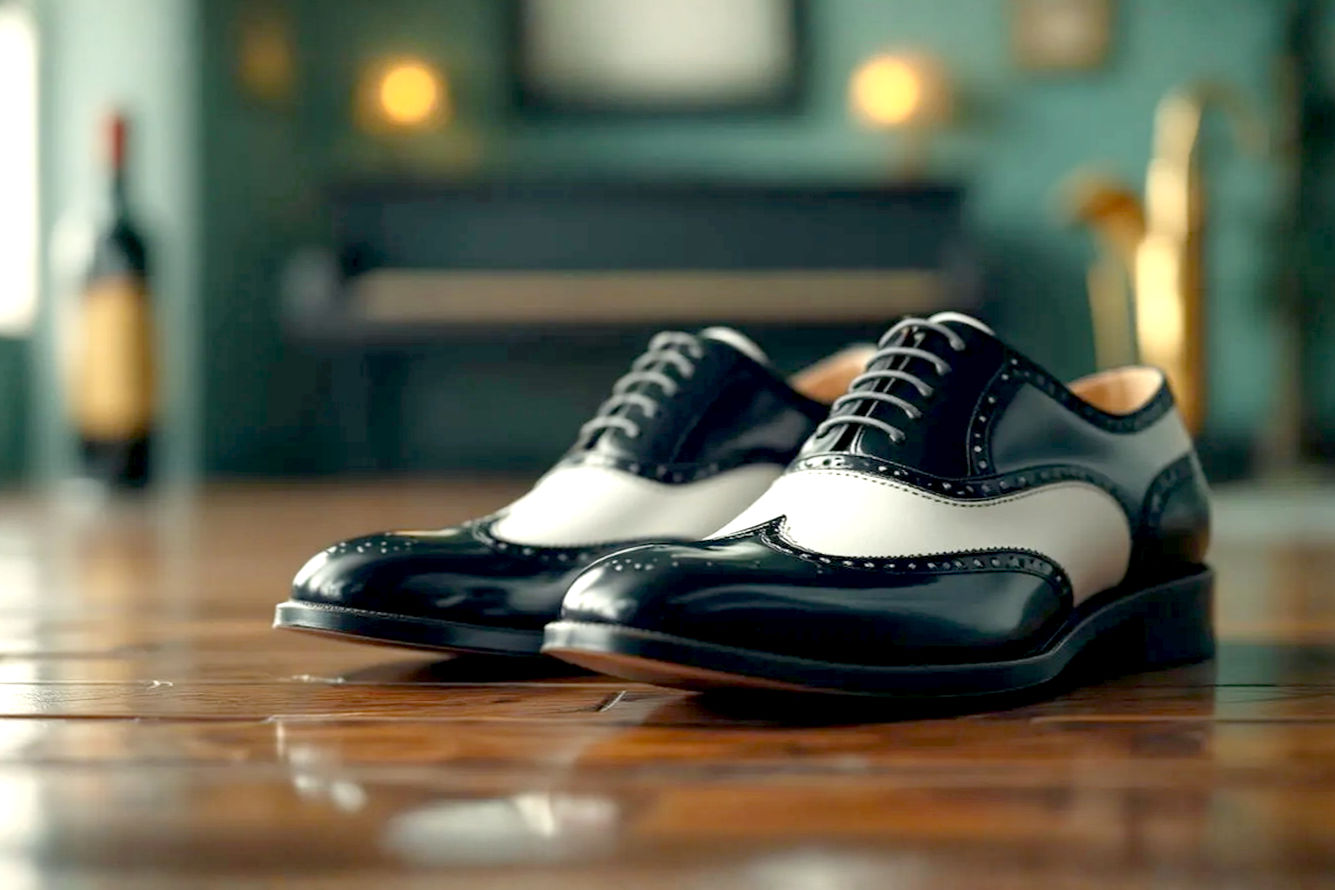 High-quality, lifelike professional photography of a pair of classic black and white two-tone wingtip brogue shoes, highly polished, resting on a polished wooden floor or a subtly textured vintage rug. The lighting should be soft and elegant, highlighting the contrast and intricate broguing details. In the blurred background, subtly suggest elements of a jazz club or a sophisticated vintage setting (e.g., a faint piano, a brass instrument, or art deco patterns). The image should evoke a sense of timeless style, sophistication, and a hint of rebellious charm. Shot from a slightly low angle to emphasize the shoes. Focus on crisp details and rich textures. Pro-photography style, realistic, sharp focus on the shoes.