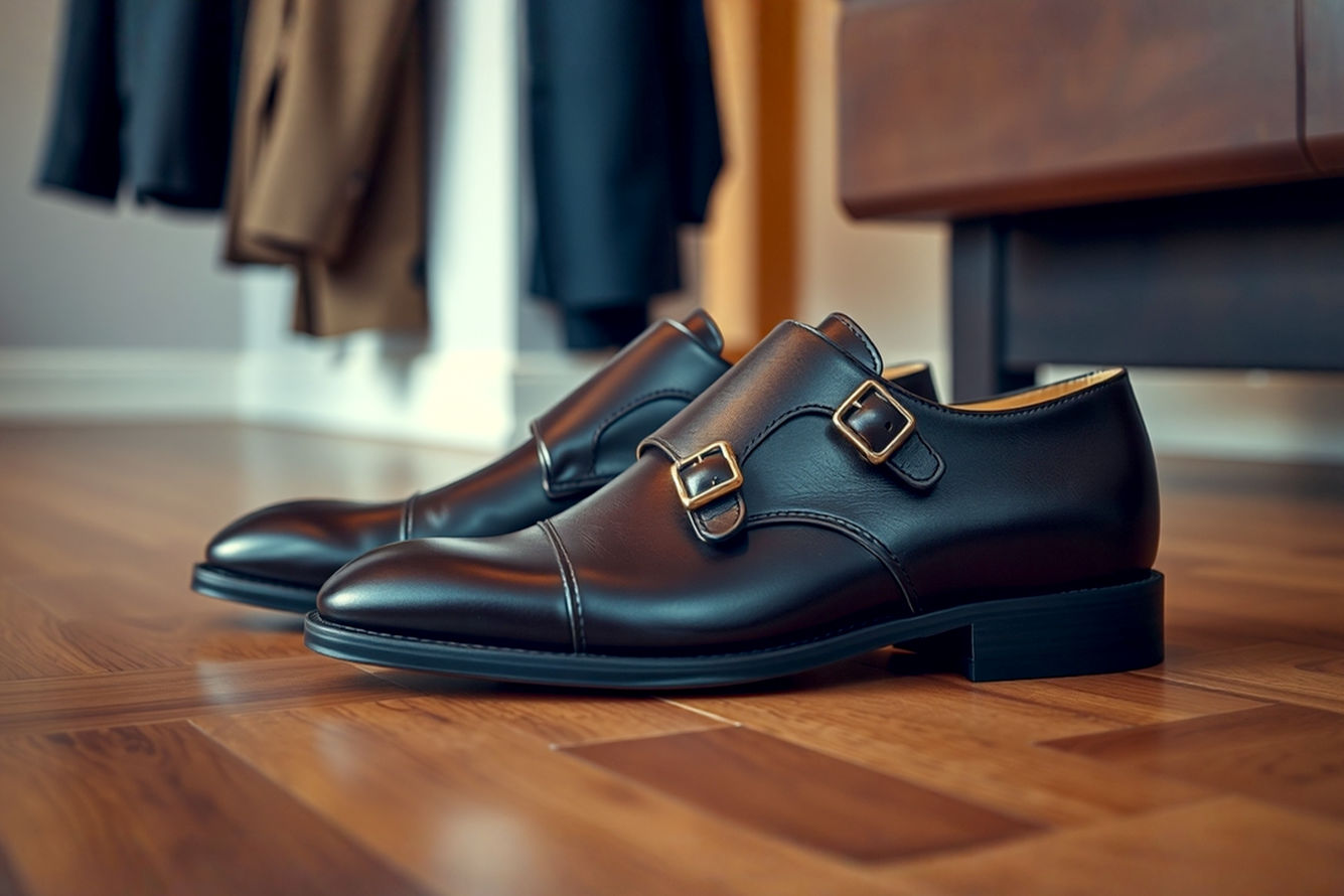 A professional, warm-toned photograph showcasing a pair of exquisitely crafted, dark brown wide fit double monk strap shoes, with soft, supple leather. The shoes are placed on a polished wooden floor, slightly angled to reveal the double buckles. In the background, subtly out of focus, there's a hint of a stylish, modern men's wardrobe (e.g., a crisp suit jacket or a tailored pair of chinos). The lighting is soft and inviting, highlighting the leather's texture and the shoe's elegant silhouette. The overall mood is sophisticated, comfortable, and aspirational, emphasizing both style and ease of wear for wider feet.