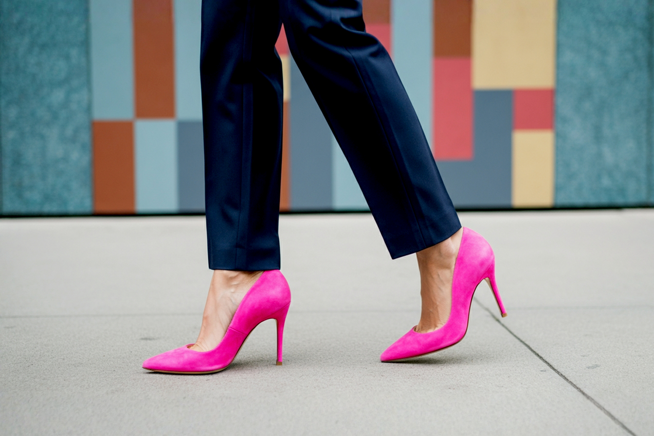 Lifelike pro photography, fashion editorial style. A low-angle shot focusing on a woman's feet and lower legs as she walks on a clean, minimalist city sidewalk. She is wearing impeccably tailored, classic dark navy trousers that are slightly cropped to perfectly showcase a pair of vibrant, hot pink suede stiletto heels. The lighting is bright but soft, creating a natural look. The focus is sharp on the texture of the suede and the elegant lines of the stiletto. The overall mood is confident, chic, and modern.