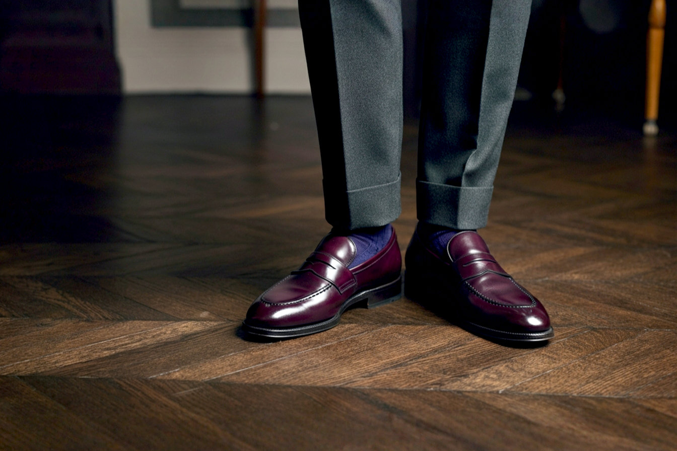 A stylish, detailed close-up shot focusing on the lower half of a man. He is wearing perfectly tailored charcoal grey wool trousers with a sharp crease and no break, paired with polished, dark oxblood leather penny loafers. One foot is slightly forward, showcasing the shoe's sleek profile. The flooring is a classic dark herringbone wood. The lighting is soft and natural, suggesting an upscale, modern interior. The overall mood is sophisticated, clean, and aspirational.