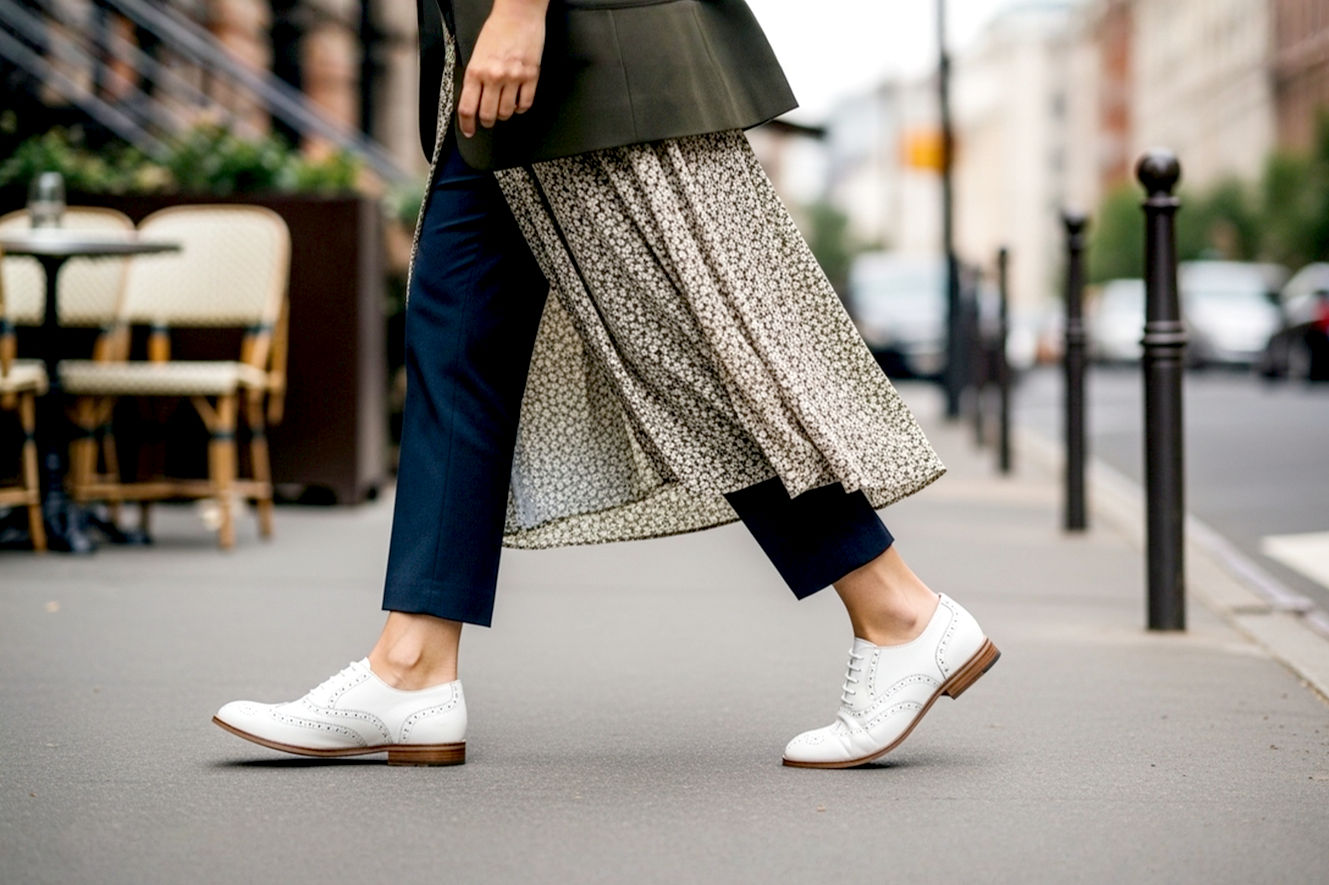 A stylish woman confidently walking on an urban street during daytime, wearing pristine white leather wingtip brogues. She is dressed in a smart-casual outfit, perhaps tailored ankle-length trousers in a neutral color (e.g., navy or olive green) and a contrasting blazer or a flowy midi-dress with a subtle pattern. Her ankle is slightly visible. The photo should be a lifelike, professional photography style, sharp focus on the shoes and the lower body, with a soft background blur of a chic city environment (e.g., Parisian street cafe, New York brownstone block). Lighting is bright and natural, highlighting the crisp white of the shoes and their texture. The overall mood should be sophisticated, confident, and effortlessly chic.