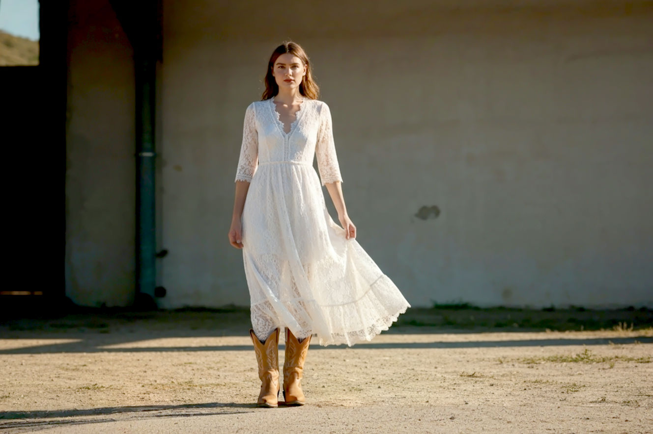 A stylish young woman with a confident, natural expression, dressed in a flowing, white lace midi dress and classic light brown leather cowboy boots. She is standing outdoors in a sun-drenched, slightly rustic setting, perhaps a field or an open space with soft natural light. The image should be a lifelike, professional photography style, full body shot, emphasizing the interplay between the delicate white dress and the rugged cowboy boots. Focus on natural textures and subtle movement in the dress. High resolution, vibrant colors.
