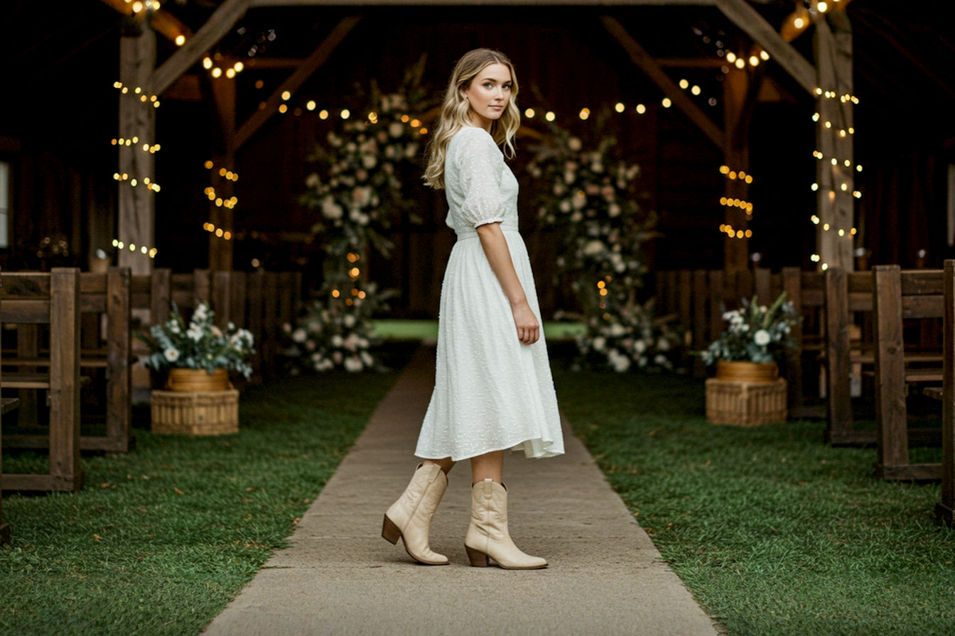Professional photography style image: A young woman in a elegant, flowy white midi dress (clearly not bridal, perhaps cotton or linen with subtle texture) standing gracefully in a rustic barn or outdoor garden setting at a wedding. She is wearing polished, light tan leather cowgirl boots with a refined heel. Her hair is styled in soft waves. The background shows blurred wedding elements like fairy lights, wooden decor, or lush greenery. The lighting is soft and natural, evoking a joyful, celebratory atmosphere. Emphasize the harmony between the dress and boots, making the outfit look stylish and appropriate for a rustic wedding guest. Full body shot, slightly from the side, looking confident and comfortable.
