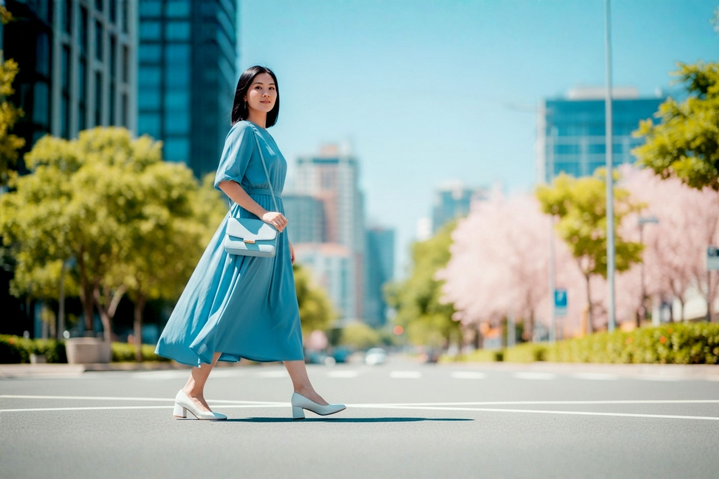 Professional lifestyle photograph of a woman walking confidently in an urban setting during daytime. She is wearing stylish, pristine white low block heels, paired with a chic, flowy midi dress in a soft pastel color (e.g., light blue or blush pink). Her outfit is complemented by a simple, elegant crossbody bag. The focus is on the shoes and the overall outfit synergy, with a modern, clean aesthetic. The lighting is soft and natural, emphasizing texture and detail. The photo should evoke a sense of effortless elegance and versatility. Full body shot, slightly angled to show movement. The background is subtly blurred, hinting at city architecture or a well-maintained park path. High resolution, vibrant colors.