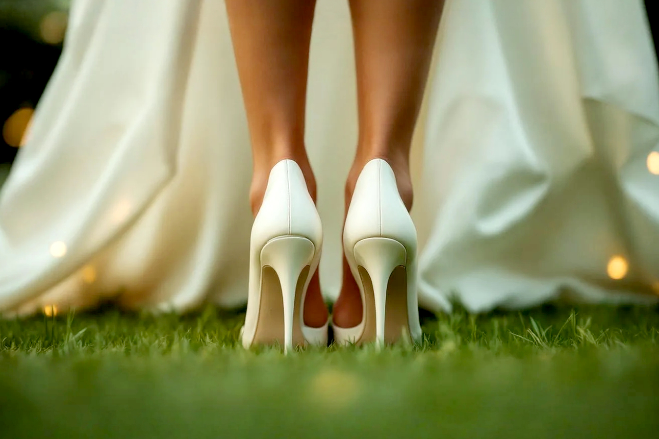 A stunning, lifelike professional photography shot featuring a bride's legs and feet, elegantly positioned to showcase both a pristine white stiletto heel and a soft ivory stiletto heel side-by-side or intertwined. The background should be softly blurred, hinting at a luxurious wedding dress fabric (perhaps satin or lace) and a warm, inviting wedding setting. The lighting should be soft and natural, emphasizing the subtle color differences and the delicate sheen of the shoes. The image should convey elegance, choice, and bridal beauty.
