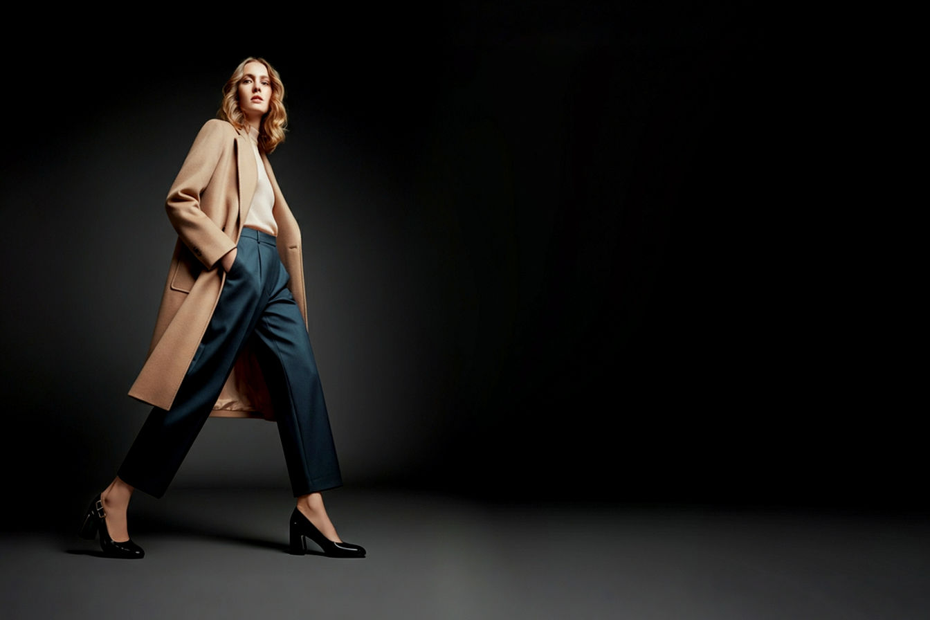 A beautifully composed, lifelike professional photograph of a stylish woman in a modern setting (e.g., city street, minimalist office interior, or elegant cafe), confidently walking or standing. She is wearing sleek wide fit black block heels that are clearly visible and a versatile outfit (e.g., tailored trousers, a flowy midi dress, or smart dark wash jeans). The focus should be on the elegance and comfort conveyed by the shoes. Lighting should be soft and flattering, emphasizing texture and form. The overall mood should be confident, comfortable, and sophisticated, reflecting timeless style.
