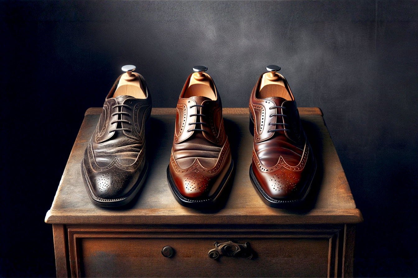 Lifelike pro photography style image illustrating men's wingtip shoes. Focus on a pair of elegant, well-maintained dark brown leather wingtips, perhaps with one shoe showing a common mistake (e.g., a deep crease without a shoe tree, or dull/dirty leather) and the other showing impeccable care (polished, vibrant, perfectly shaped). The background should be a sophisticated yet subtle setting, like a dimly lit study or a classic wooden shoe cabinet. Emphasize realistic textures of leather and wood, with soft, professional lighting. The image should convey both the beauty of well-cared-for footwear and the potential for neglect.