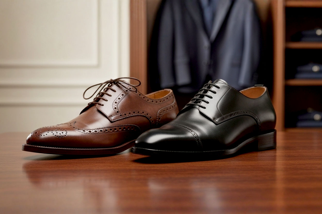 Lifelike pro photography style image of two classic men's dress shoes, one a dark brown wingtip full brogue Oxford and the other a sleek black cap-toe Oxford, positioned side-by-side on a polished wooden surface. The background is a subtly blurred, elegant wardrobe setting with a tailored suit visible. The lighting is soft and sophisticated, highlighting the rich leather textures and craftsmanship, creating an inviting, aspirational feel.