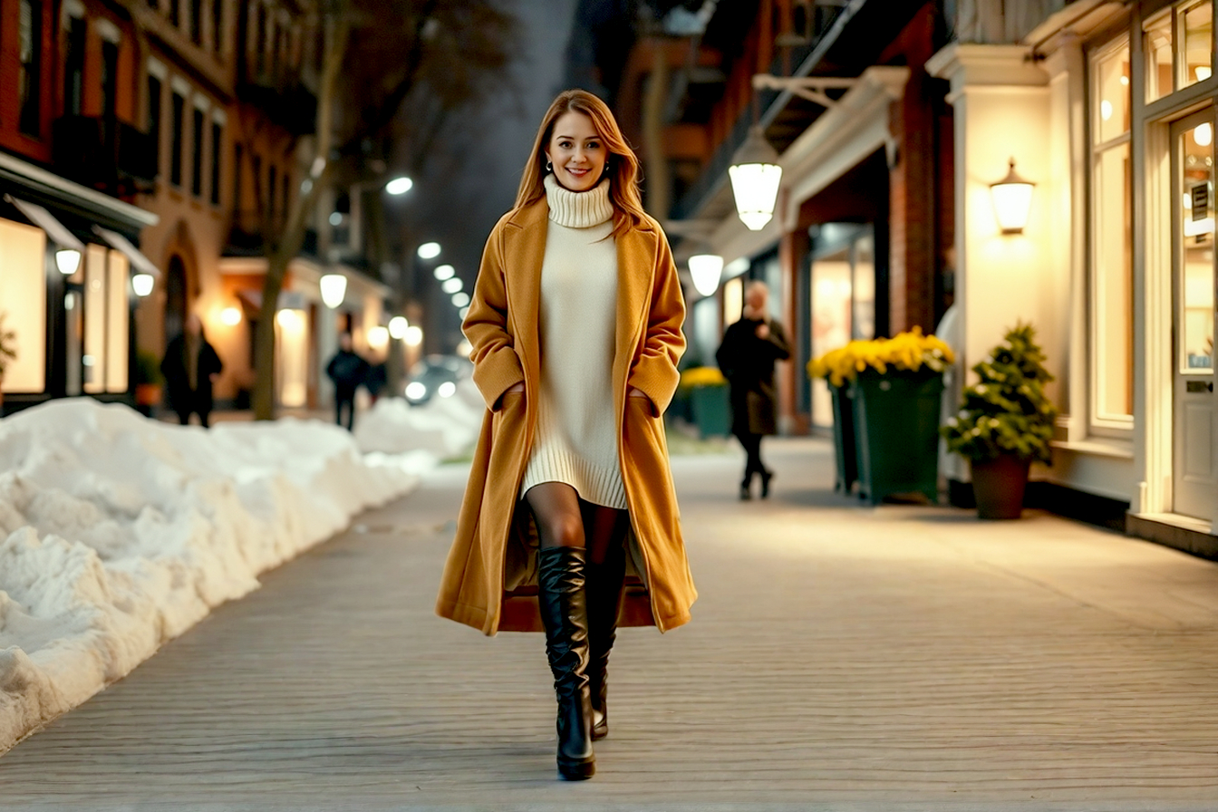 Professional, lifelike fashion photograph. A stylish woman in her late 20s is walking down a charming, snow-dusted city street (like SoHo, NYC). She's wearing a cozy, cream-colored oversized turtleneck sweater dress that hits mid-thigh. She has on sheer black tights and elegant, black leather knee-high boots with a low block heel. She's also wearing a long, classic camel-colored wool coat, worn open. She has a confident, happy expression. The lighting is soft and golden, suggesting late afternoon. The background is slightly blurred, keeping the focus on her stylish, warm outfit. The overall mood is chic, effortless, and cozy.