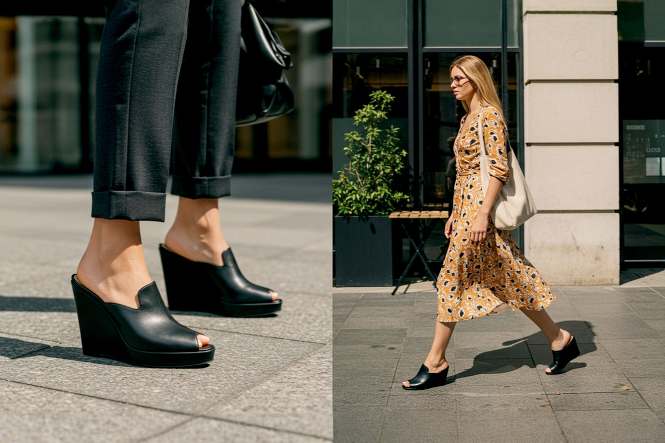 Lifelike pro photography of a stylish woman transitioning from an urban professional setting to a relaxed outdoor cafe. She is wearing chic, mid-height wedge mules that seamlessly complement both her tailored business attire (blazer, smart trousers) and her more casual, flowing midi dress. Show her in a motion blur walking from an office building to a sunlit outdoor space. The image should highlight the shoe's elegance and comfort in both contexts, with soft, natural lighting and a slightly shallow depth of field. Modern aesthetic, high resolution.