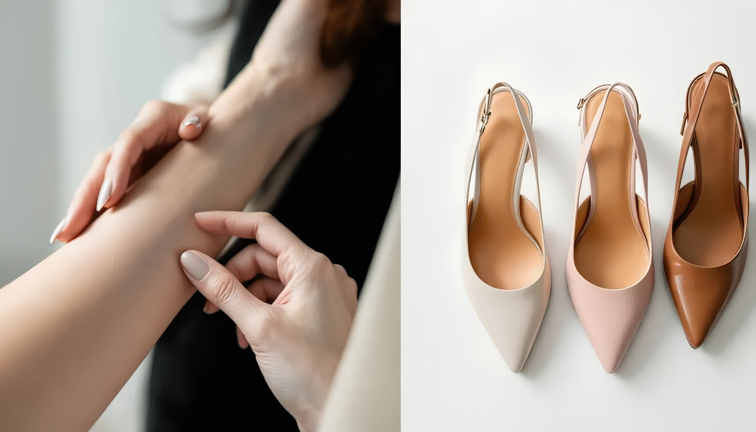 A clean, split-screen composition. On the left side, a close-up, high-fashion shot of a woman's inner wrist, with her fingers gently pulling the skin taut to make the veins visible—clearly showing either a blue or green tint. On the right side, a beautiful flat-lay of three stylistically identical slingback heel shoes in a row, each a different shade: one is a cool, rosy-pinkish beige; one is a warm, golden beige; one is a rich, tan brown. The overall feeling is that of a "test" or a "choice." Character/Subject: Focus on the wrist on the left, and only the shoes on the right. No face needed. The wrist should have a fair or medium complexion to make the vein color pop. Emotion/Mood: Informative, clean, chic, and helpful. Palette: Bright, airy, and sophisticated. Soft whites and grays in the background. The key colors are the skin tone of the wrist, the vein color, and the three distinct shoe colors. Visual Style: High-end magazine or beauty blog photography. Photo-realistic, crisp focus, with bright, natural-looking light.
