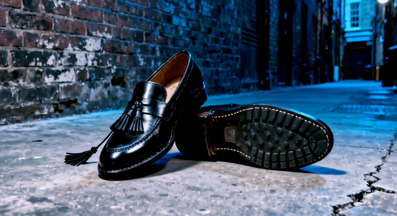 A hyper-realistic, professional photograph in the style of a high-end fashion magazine editorial. The shot features a pair of classic black Dr. Martens Adrian Tassel Loafers on a polished concrete floor against a gritty, urban brick wall in a London alleyway. One loafer is perfectly placed, while the other is casually tipped on its side, revealing the iconic grooved sole and yellow stitching. The lighting is dramatic, with a single, soft light source catching the shine of the polished leather and the texture of the brickwork, creating deep shadows. The mood is cool, understated, and quintessentially British, blending timeless style with a subtle rebellious edge.
