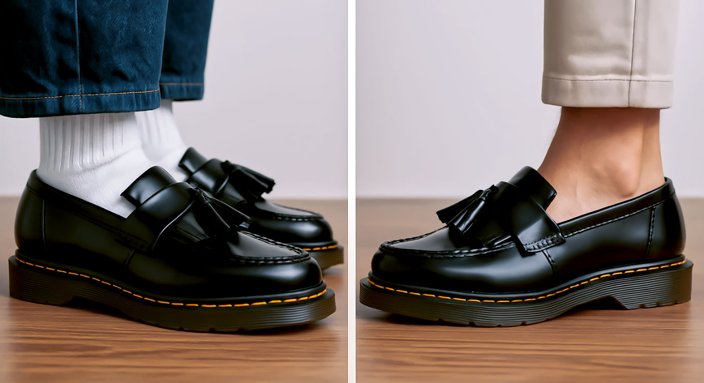 A clean, split-screen diptych image showing a close-up, low-angle view of the Adrian loafers from the ankle down.
On the left panel: The loafers are styled with crisp, white athletic socks and the cuff of dark-wash jeans.
On the right panel: The loafers are worn without socks, showing a bare ankle with the hem of light-coloured, tailored chino trousers.
The background is a consistent, minimalist setting like a polished wooden floor, creating a direct visual comparison between the two styling choices. The lighting is identical in both shots—soft and even.