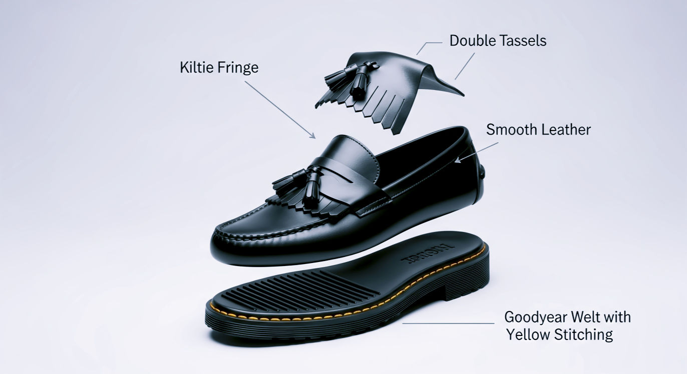 A hyper-detailed, exploded-view product photograph of a single black Doc Marten Adrian loafer against a clean, light grey studio background. The shoe's components—the kiltie fringe, the double tassels, the leather upper, and the grooved sole—are separated slightly as if floating in mid-air. Thin, elegant lines connect each part to subtle text labels: "Kiltie Fringe," "Double Tassels," "Smooth Leather," and "Goodyear Welt with Yellow Stitching." The lighting is bright and clinical, like an exhibit in a design museum, highlighting every texture and stitch with perfect clarity.