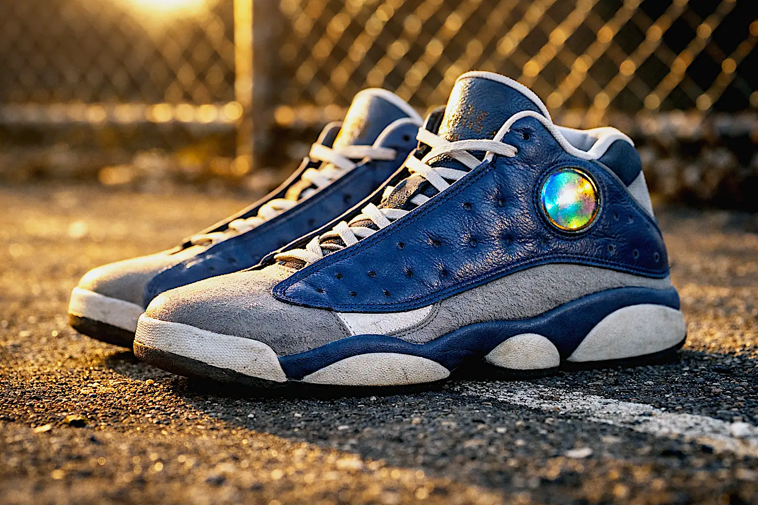 A hyper-realistic, cinematic photograph of a pair of stylish blue and grey retro basketball sneakers sitting on a gritty, sun-bleached asphalt basketball court. Golden hour sunlight hits a holographic logo and the leather texture, highlighting the dust and wear of the court surface. In the background, a rusted chain-link fence is visible but soft and out of focus. High resolution, 8k, shallow depth of field, dramatic lighting.